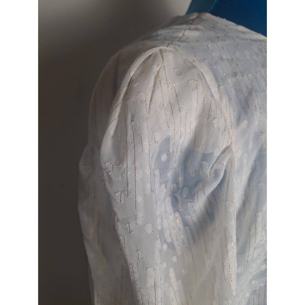 Sandro Paris White Gold Metallic Pinstripe Clip Dot Puff Sleeve Blouse Top S - Picture 5 of 8
